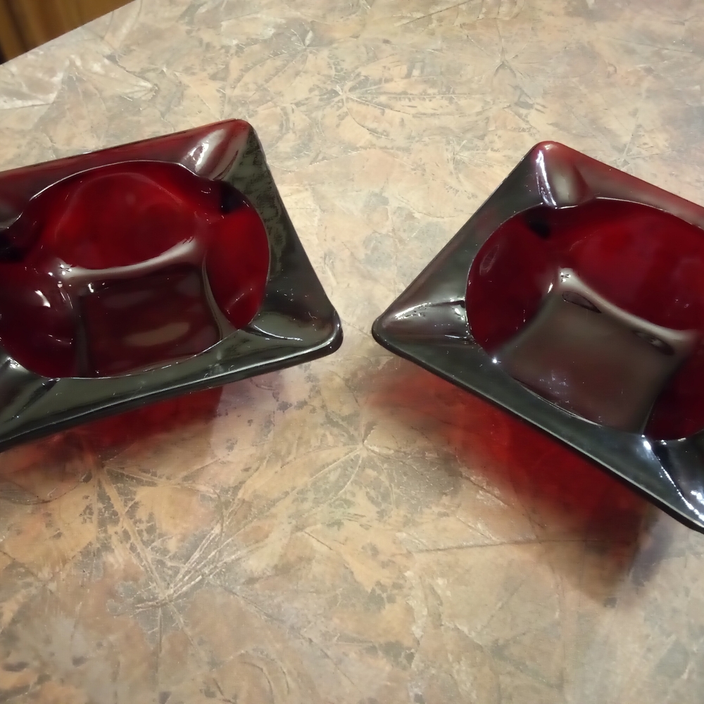 Two Beautiful Vintage Red Ruby Glass Ashtrays.
